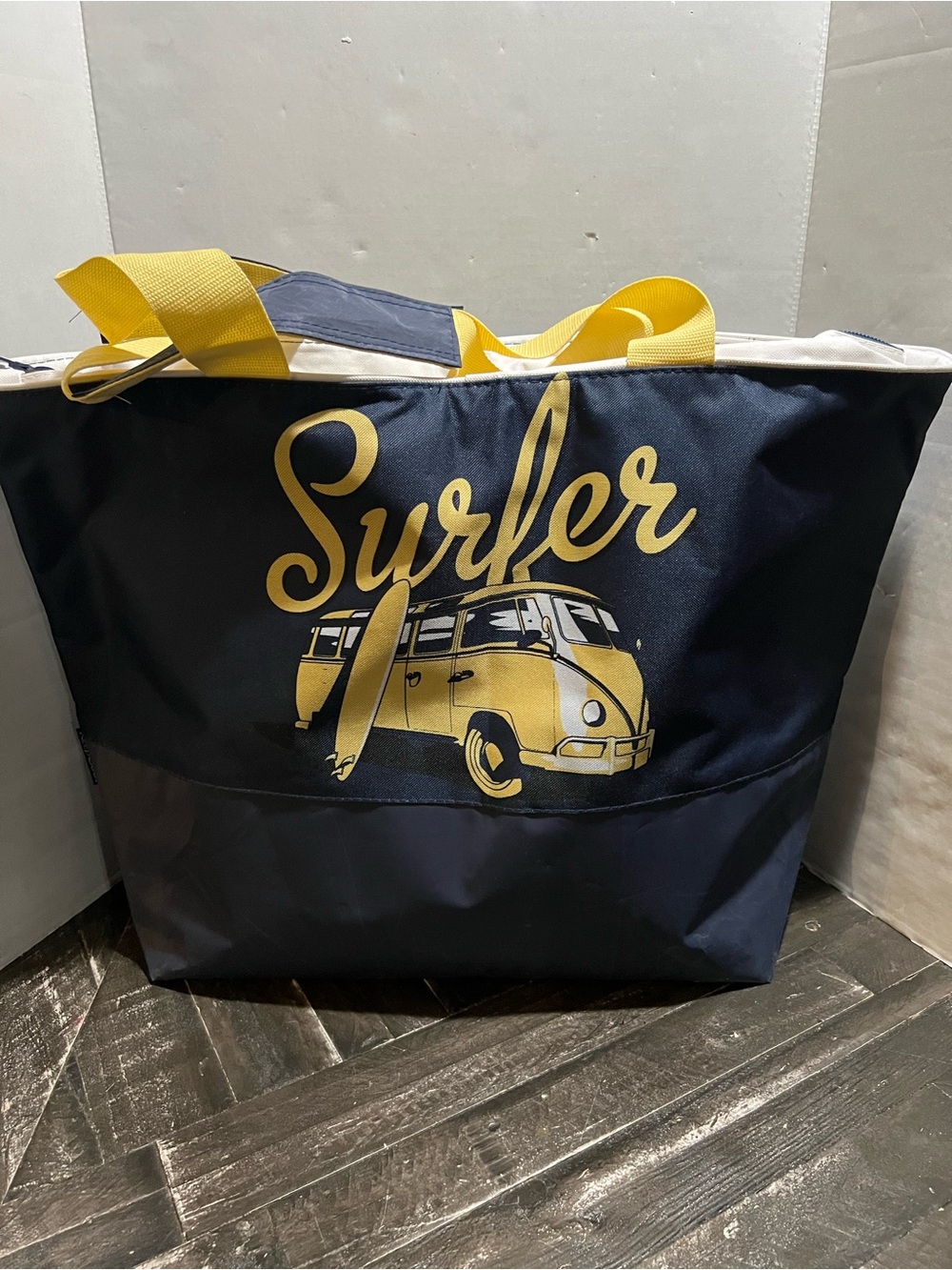 Surfer Graphic Tote Bag in Navy and Yellow